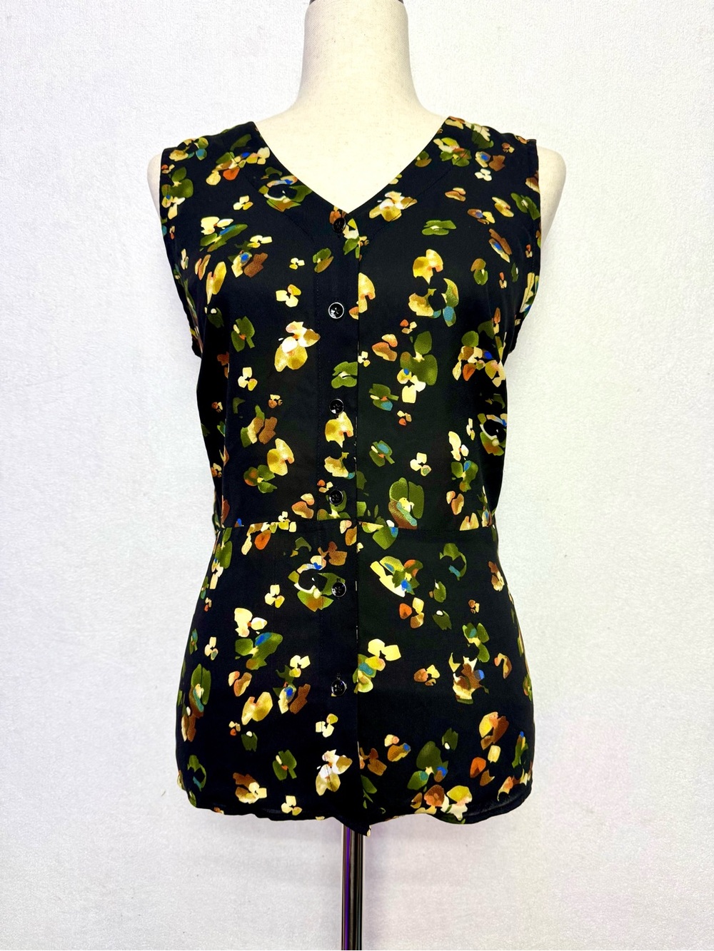 CAbi Black Floral V-Neck Button Blouse with Yellow & Green Accents